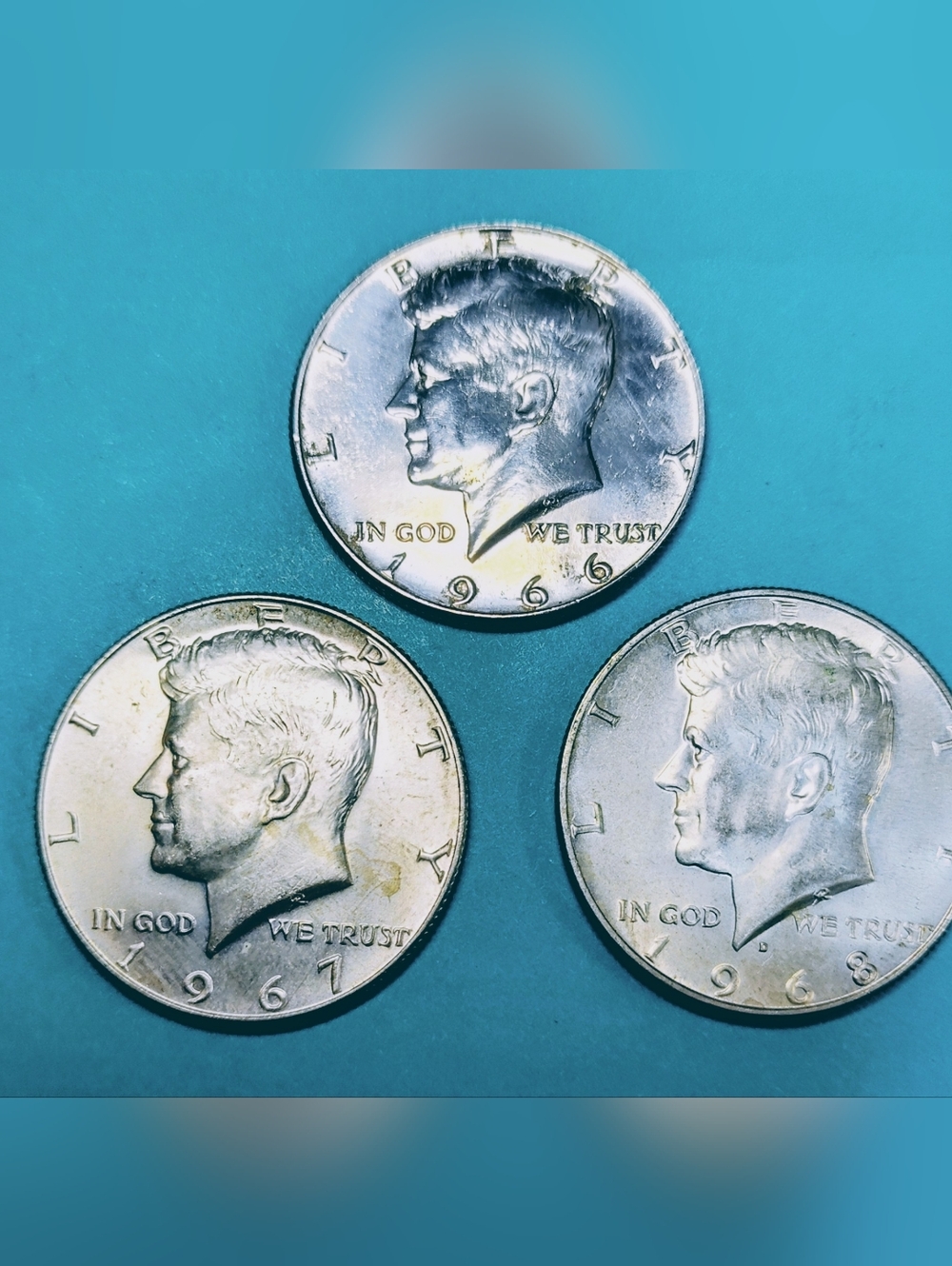 1966/67/68-P 40% Kennedy Half Dollars - Silver Tone In V/G Circulated Condition.